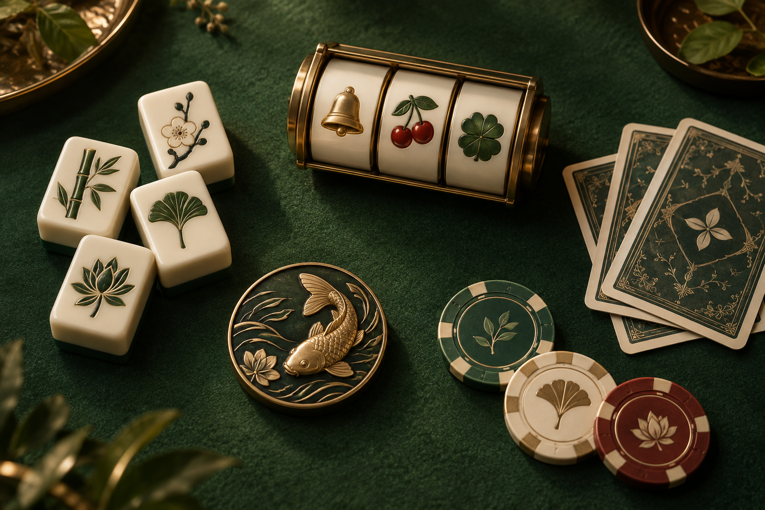 Ilustrasi katalog kasino dengan ubin mahjong, gulungan slot, kartu, dan keping di meja hijau